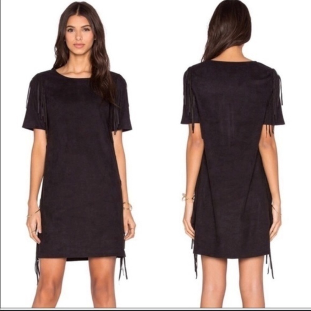 Anthropologie | 1.State Black Faux Suede Side Fringe Dress Size Large